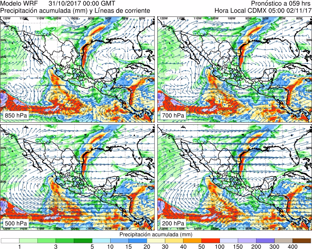 Figura 16. Líneas de corriente en 700 hPa en combinación con agua precipitable cada 6 horas. Figura 16. Líneas de corriente en 700 hPa en combinación con agua precipitable cada 6 horas.