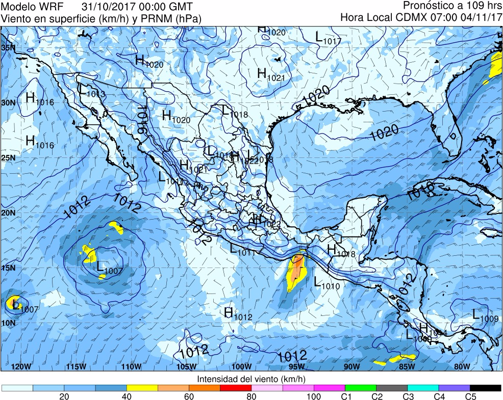 Figura 18. Viento en superficie y Presión Reducida al Nivel del Mar (PRNM). Figura 18. Viento en superficie y Presión Reducida al Nivel del Mar (PRNM).