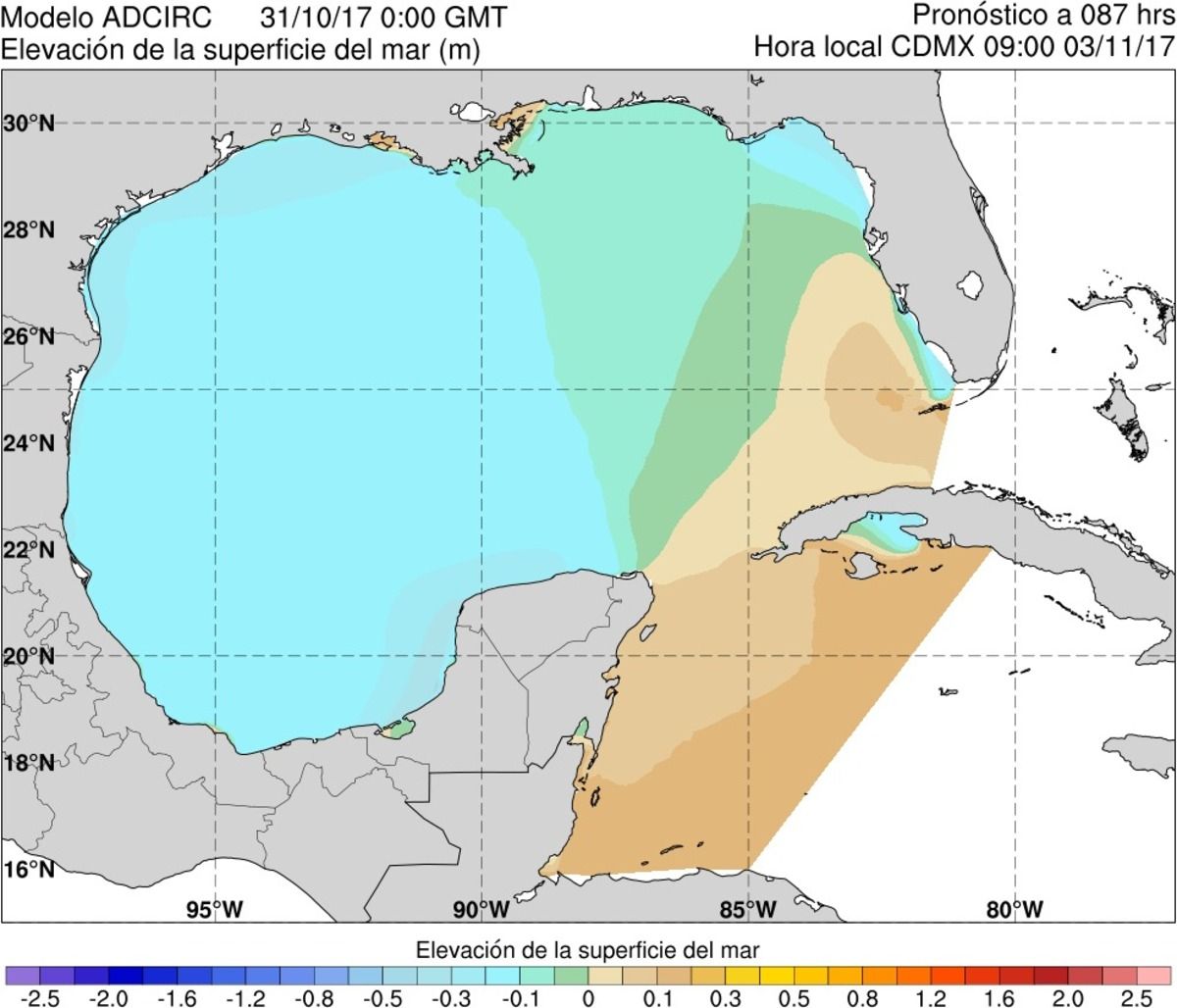 Figura 45. Ejemplo del producto gráfico de elevación de la superficie del mar para el dominio del Golfo de México del modelo ADCIRC. Figura 45. Ejemplo del producto gráfico de elevación de la superficie del mar para el dominio del Golfo de México del modelo ADCIRC.