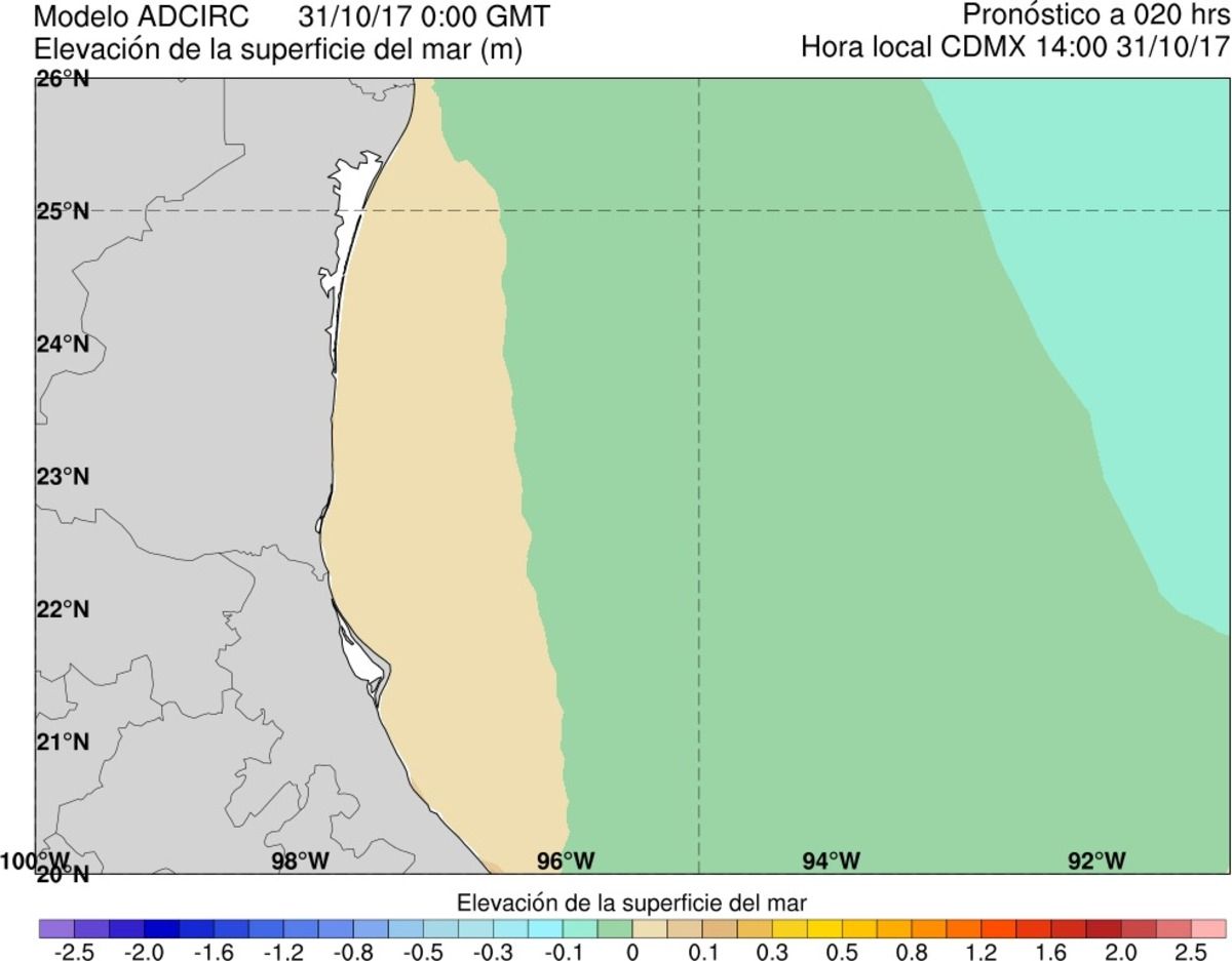 Figura 46. Ejemplo del producto gráfico de elevación de la superficie del mar para el acercamiento a las costas mexicanas occidentales del Golfo de México (modelo ADCIRC). Figura 46. Ejemplo del producto gráfico de elevación de la superficie del mar para el acercamiento a las costas mexicanas occidentales del Golfo de México (modelo ADCIRC).