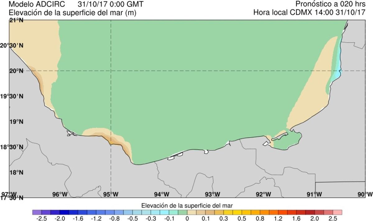 Figura 47. Ejemplo del producto gráfico de elevación de la superficie del mar para el acercamiento a las costas mexicanas al sur del Golfo de México (modelo ADCIRC). Figura 47. Ejemplo del producto gráfico de elevación de la superficie del mar para el acercamiento a las costas mexicanas al sur del Golfo de México (modelo ADCIRC)