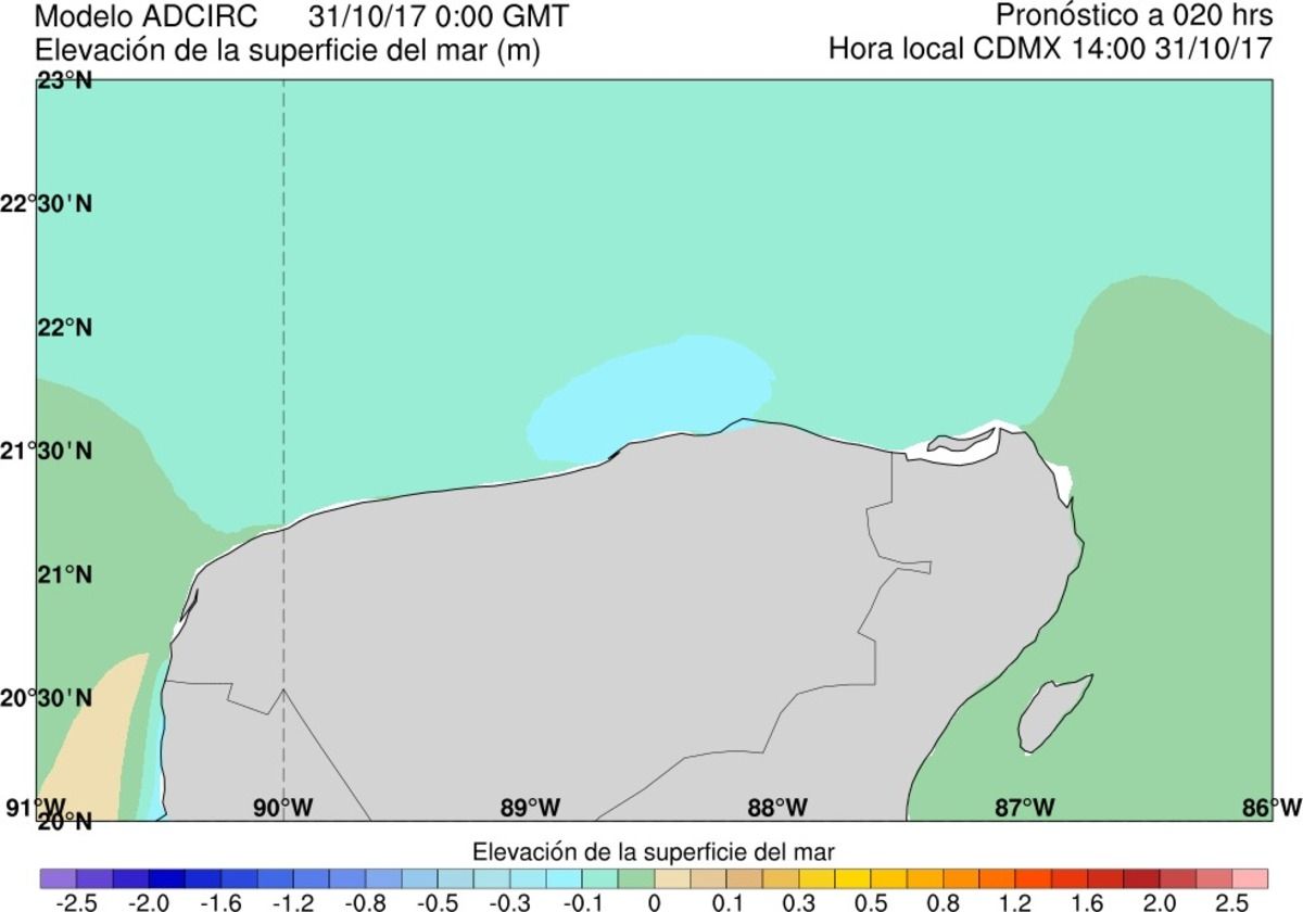 Figura 48. Ejemplo del producto gráfico de elevación de la superficie del mar para el acercamiento a las costas mexicanas al norte de la Península de Yucatán (modelo ADCIRC). Figura 48. Ejemplo del producto gráfico de elevación de la superficie del mar para el acercamiento a las costas mexicanas al norte de la Península de Yucatán (modelo ADCIRC).