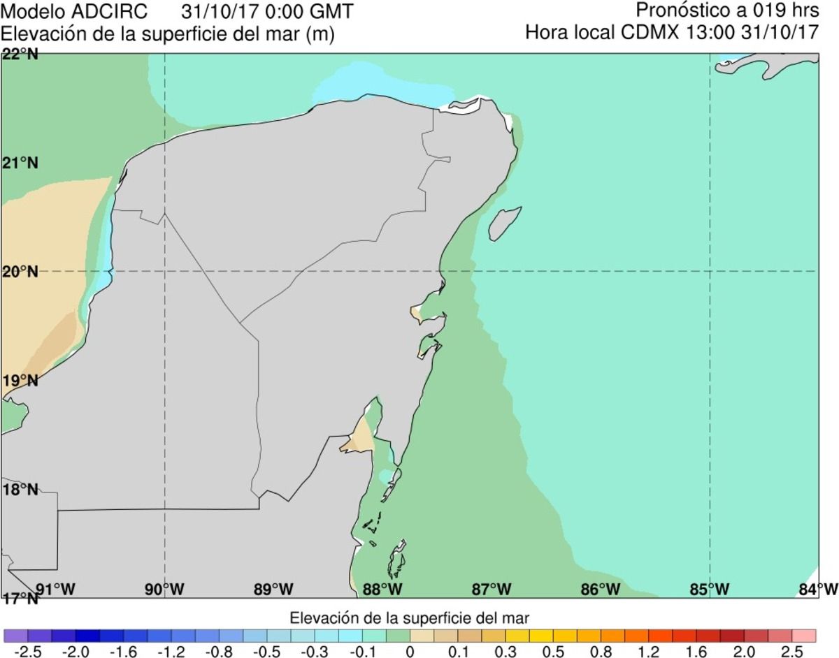 Figura 49.Ejemplo del producto gráfico de elevación de la superficie del mar para el acercamiento a las costas mexicanas en el Mar Caribe (modelo ADCIRC). Figura 49.Ejemplo del producto gráfico de elevación de la superficie del mar para el acercamiento a las costas mexicanas en el Mar Caribe (modelo ADCIRC).