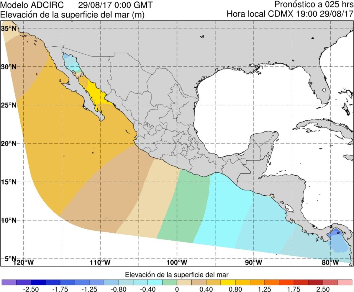 Figura 50.Ejemplo del producto gráfico de elevación de la superficie del mar para el dominio del Pacífico Mexicano del modelo ADCIRC. Figura 50.Ejemplo del producto gráfico de elevación de la superficie del mar para el dominio del Pacífico Mexicano del modelo ADCIRC.
