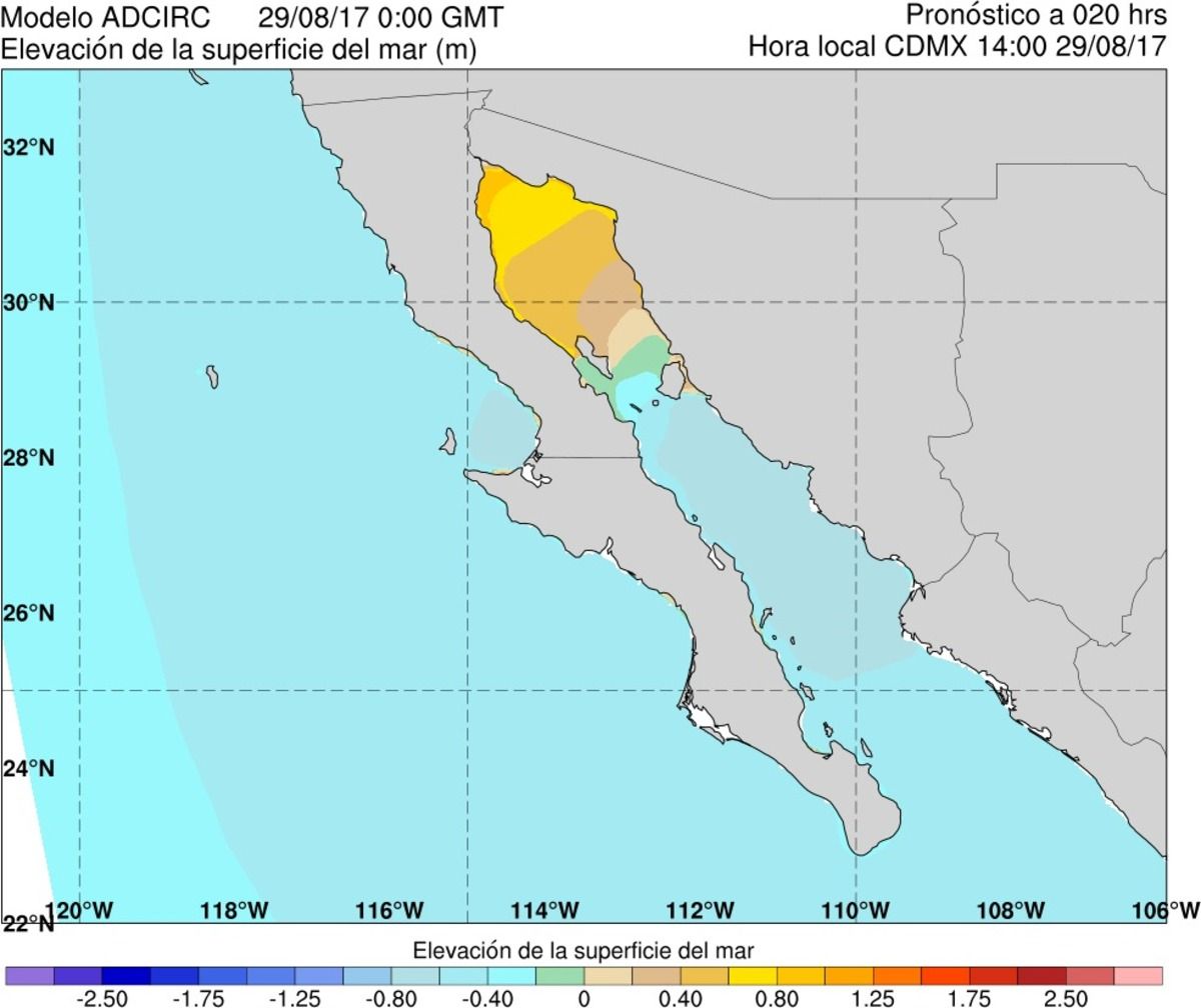 Figura 51.Ejemplo del producto gráfico de elevación de la superficie del mar para el acercamiento a las costas mexicanas en la Península de Baja California (modelo ADCIRC). Figura 51.Ejemplo del producto gráfico de elevación de la superficie del mar para el acercamiento a las costas mexicanas en la Península de Baja California (modelo ADCIRC).