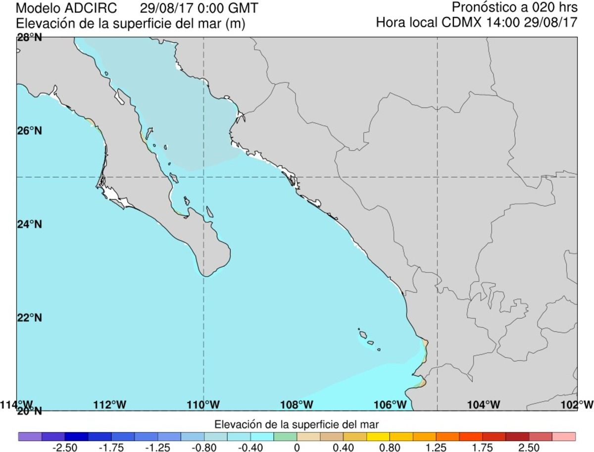Figura 52.Ejemplo del producto gráfico de elevación de la superficie del mar para el acercamiento a las costas mexicanas en la parte sur del Golfo de California y los Estados de Sinaloa y Nayarit (modelo ADCIRC). Figura 52.Ejemplo del producto gráfico de elevación de la superficie del mar para el acercamiento a las costas mexicanas en la parte sur del Golfo de California y los Estados de Sinaloa y Nayarit (modelo ADCIRC).