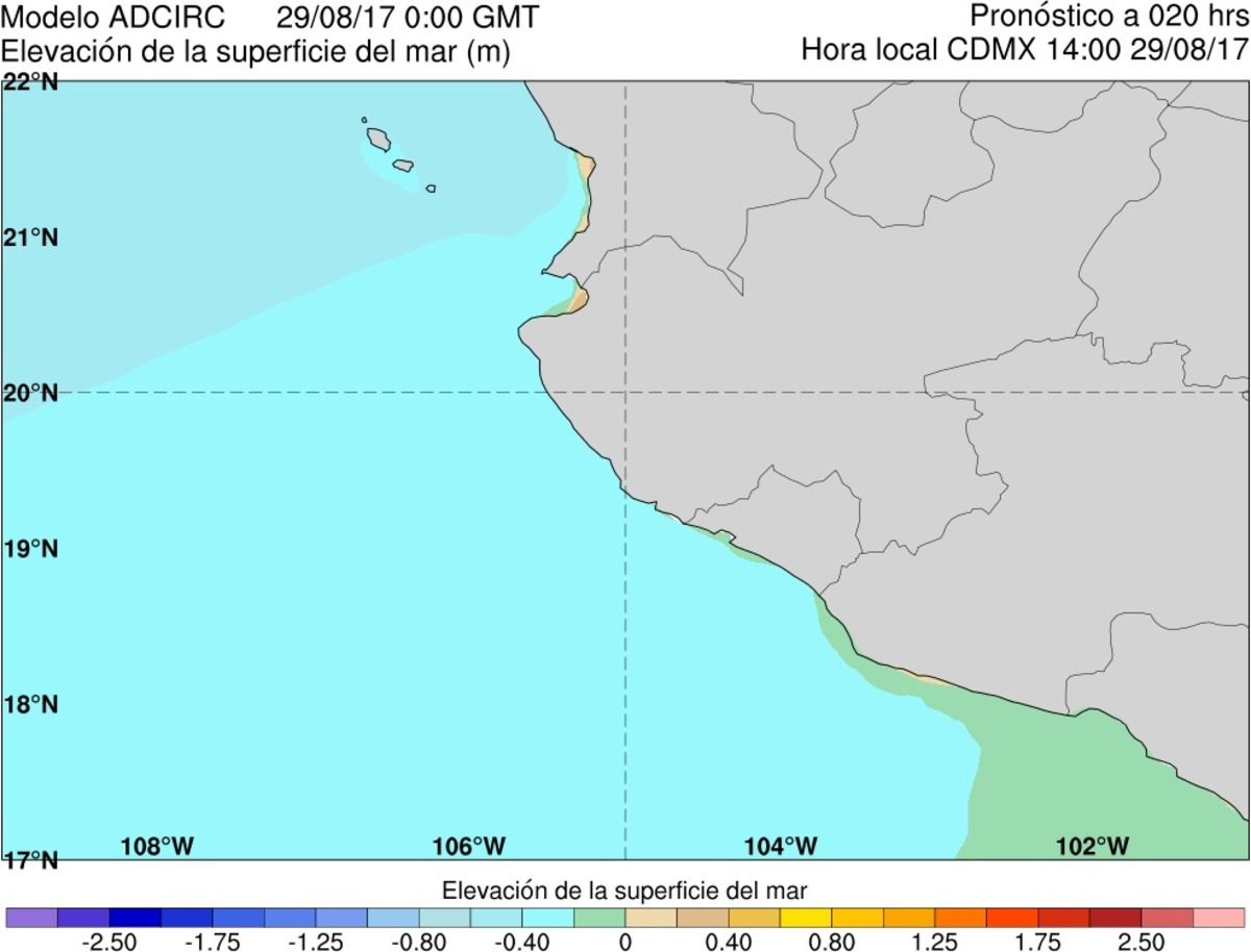 Figura 53. Ejemplo del producto gráfico de elevación de la superficie del mar para el acercamiento a las costas mexicanas en los Estados de Jalisco, Colima y Michoacán (modelo ADCIRC). Figura 53. Ejemplo del producto gráfico de elevación de la superficie del mar para el acercamiento a las costas mexicanas en los Estados de Jalisco, Colima y Michoacán (modelo ADCIRC).