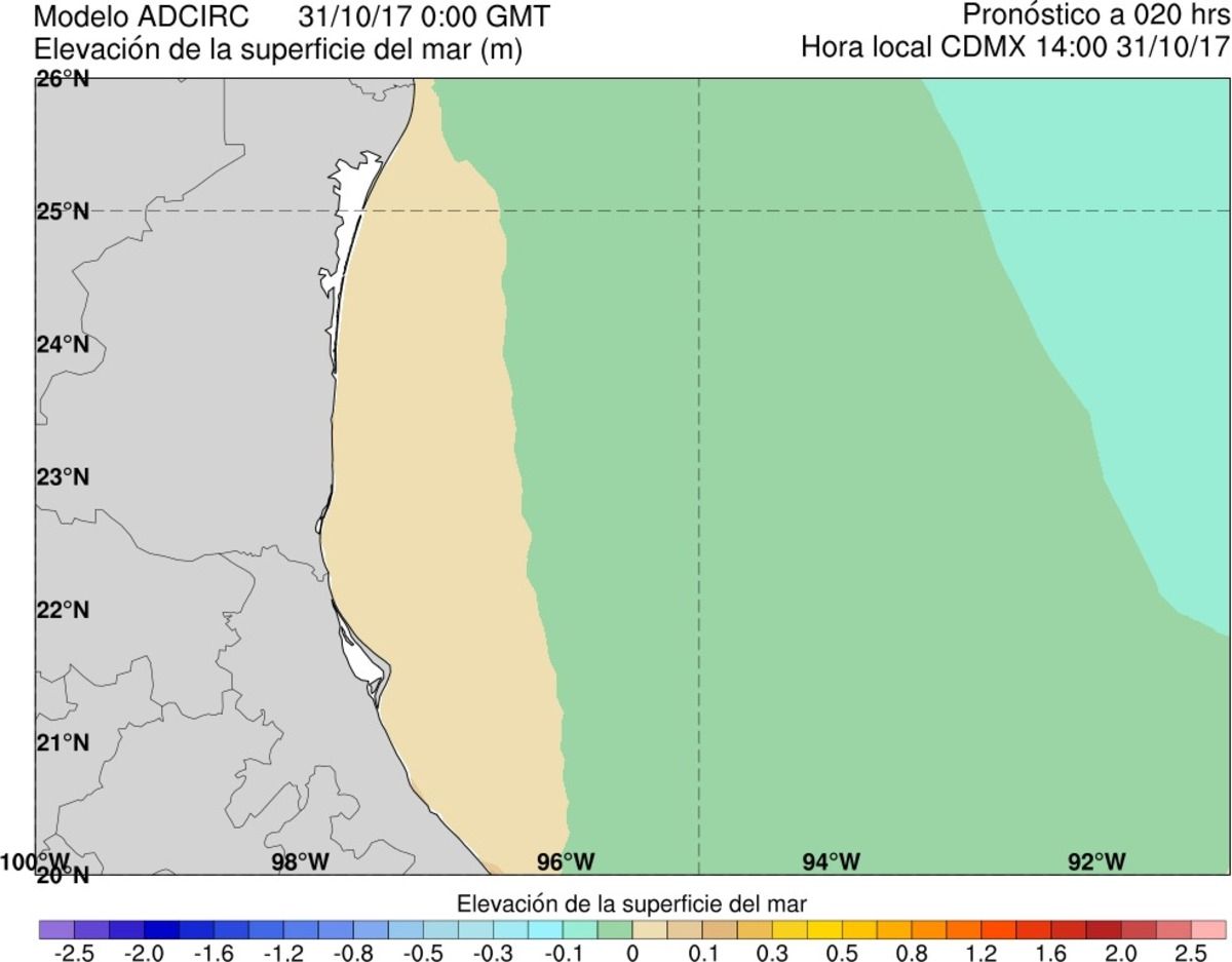 Figura 46. Ejemplo del producto gráfico de elevación de la superficie del mar para el acercamiento a las costas mexicanas occidentales del Golfo de México (modelo ADCIRC).