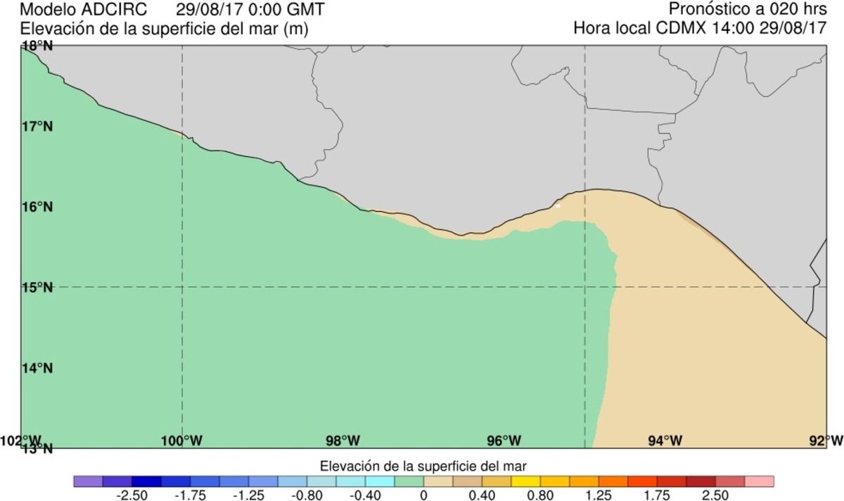  Ejemplo del producto gráfico de elevación de la superficie del mar para el acercamiento a las costas mexicanas en los Estados de Guerrero, Oaxaca y Chiapas (modelo ADCIRC).
